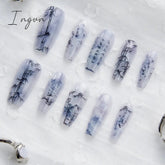 10PCS Chinese Style Fake Nails with Glue Sfumato Ink Long Nails Set Press on Acrylic Stick on False Nails Art