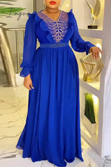 Ingvn - White Sweet Hot Drilling Patchwork Beading With Belt Zipper Stringy Selvedge O Neck Long Sleeve Plus Size Dresses