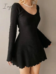 Ingvn - Knitting Elegant Dress For Women Spring Fall Solid Color V Neck Office Lady Irregular Hem Simple Basic Slim Dresses