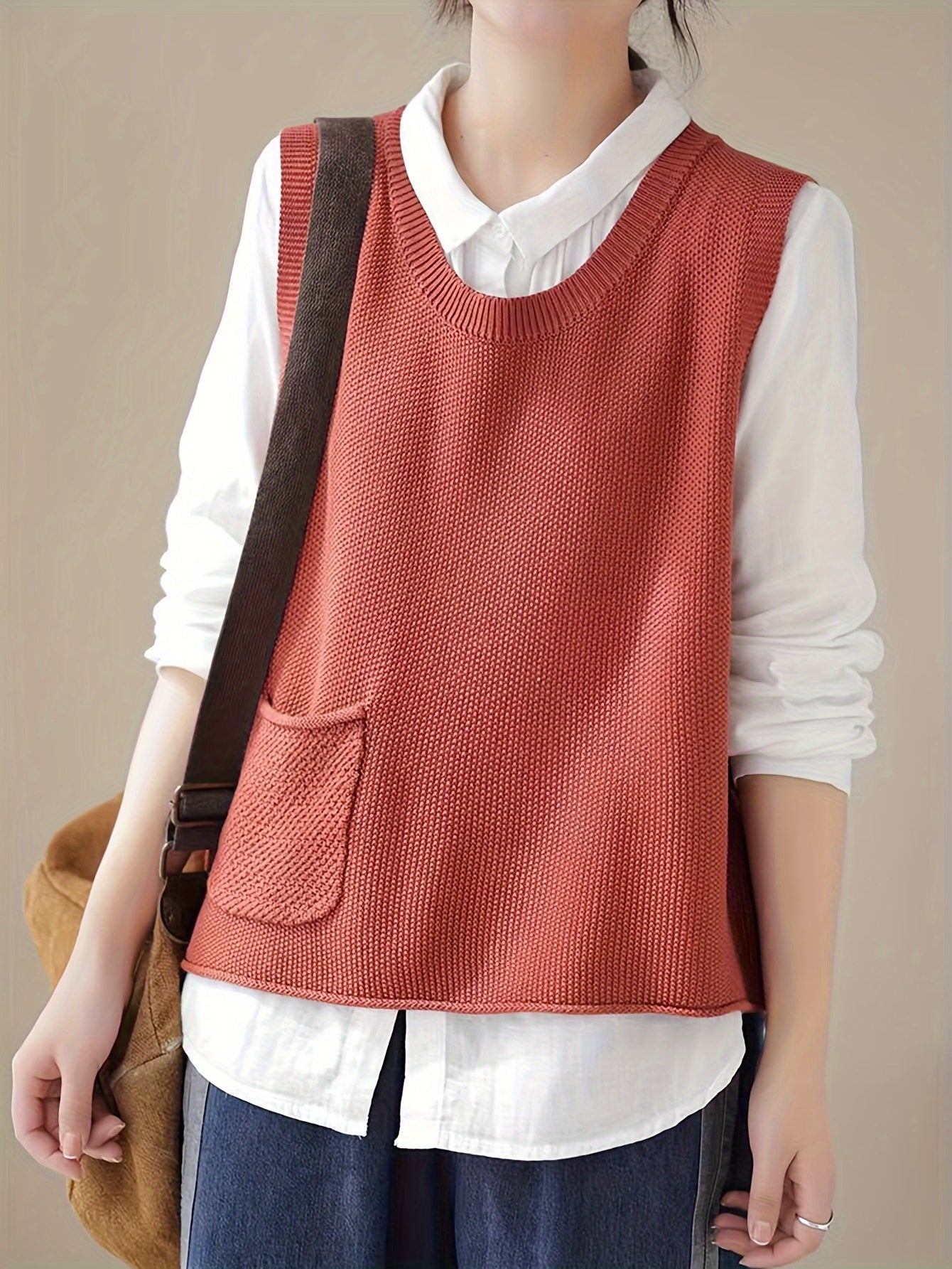 Women's Crew Neck Knit Vest - Casual Sleeveless Spring/Fall Sweater with Pocket, Easy-Care, Comfort Fit