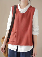 Women's Crew Neck Knit Vest - Casual Sleeveless Spring/Fall Sweater with Pocket, Easy-Care, Comfort Fit
