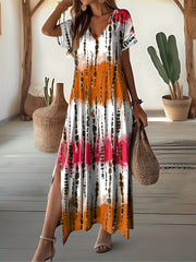 Tie Dye V-neck Dress, Elegant Split Short Sleeve Dress For Spring & Summer, Women's Clothing