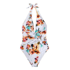 Tie Waist Floral One-piece Swimsuit Women Sexy Backless Halter Monokini Swimwear New Girl Beach Bathing Suits
