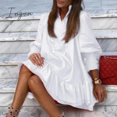 Ingvn - Women Autumn Spring Vintage Mini Cupcake Dress V Neck Long Lantern Sleeve Back With Ruffles Korean Style Elegant Red Dress