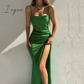 Ingvn - Silky Satin Elegant Slit Maxi Dress for Women Sexy Backless Straps Gown Club Party Long Dresses Vestidos Clothes