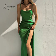 Ingvn - Silky Satin Elegant Slit Maxi Dress for Women Sexy Backless Straps Gown Club Party Long Dresses Vestidos Clothes