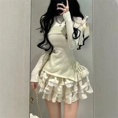 Voguable Autumn Winter Woman Kawaii Sweet 2 Piece Set Off Shoulder Bow Knitted Tops + Mini Cake Skirt Female Korean Fashion Casual Suits