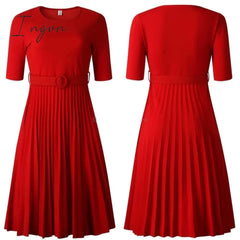 Ingvn - African Style Women Casual Belted Pleated Dress Elegant Chic Office Lady A-Line High Waist Dress Autumn Winter Fashion