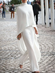 Ingvn - Female Stylish Vacation Two Pieces Set For Women Solid Color High-Neck High-Low T-Shirt Tops&Pants Suits 2023 New