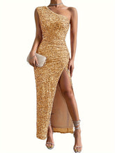 Sequined One Shoulder Split Dress, Elegant Bodycon Dress For Party & Banquet, Women's Clothing Wedding/Evening dress/Occasion/Engagement/Ceremony