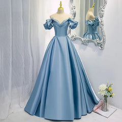 New High-End Feel Off-Shoulder Blue Satin French Style Evening Dress For Women's Formal Performance Costume