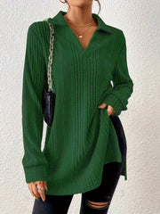 1pc Elegant Solid Color Ribbed Knit V-Neck T-Shirt, Long Sleeve Polyester Top for Women, Spring/Fall Casual Wear