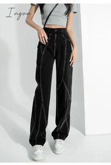 Ingvn - High Waisted Jeans for Women Black Y2k Denim Pants Vintage Streetwear Xs Jeans Baggy Fashion Straight Trousers Female
