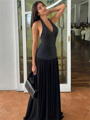 V-Neck Summer Fashion Maxi Dress For Women Contrast Patchwork See-Through Elegant Dress Slim Backless Lace-Up Long Dress