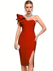Women's One Shoulder Wedding Guest Dress Side Split Bandage Bodycon Midi Cocktail Club Dresses