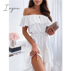 Ingvn - Women Clothes Slash Neck Cascading Ruffle Shirring Dresses Solid Color Midi Sweet Princess Dress Fashion Elegant Pleated Design