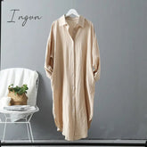 Ingvn - Woman Long Shirt Dress Cotton Korean Clothing White Boho Beach Big Maxi Blue Dresses Spring Summer Oversized Robe