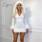 Ingvn - Furry Long Sleeve Hooded Bodycon Mini Dresses Women White V Neck Fuzzy Dress Skinny Christmas Party Streetwear Winter