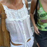 Women Y2k Lace Ruffle Trim Tank Top Fairycore Sexy Sheer Button Front Scoop Neck Camisole Cute Going Out Crop Tops Boho Vest