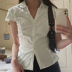 Vintage Folds Crop Top White Button Up Short Sleeve Blouse Women Bandage Korean Fashion T-shirt Casual Streetwear y2k Tee
