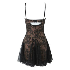 New Fashion Women Spaghetti Straps Lace Sexy Dresses Black Beige Backless Hollow Out A-line Mini Dress Night Out Robe