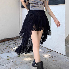 Vintage Appliques Skirt Hottie Streetwear Irregular Hem High Waist A Line Skirt Elegant White Ruffles Transparent Skirt