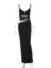 Sheer Mesh Backless Sexy Maxi Dress For Women Black Hollow Out Spaghetti Strap Sleeveless Bodycon Club Long Dress