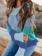 Striped Pattern Knitwear Tops, Crew Neck Long Sleeve Pullover Sweaters, Color Block Shirts, Women's Clothing
