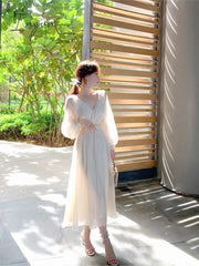 Ingvn - Summer French Elegant Party Dress Women Long Sleeve Casual Fairy Midi Dress Evening Vintage One Piece Dress Korean Fashion