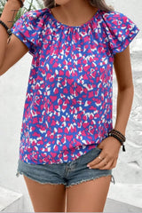 Ingvn - Printed Round Neck Flutter Sleeve Blouse