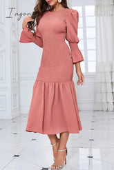 Ingvn - Elegant Solid Fold O Neck Wrapped Skirt Dresses
