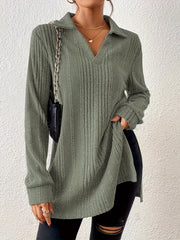1pc Elegant Solid Color Ribbed Knit V-Neck T-Shirt, Long Sleeve Polyester Top for Women, Spring/Fall Casual Wear