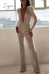 Ingvn - Sexy Solid See-through Sequined V Neck Regular Jumpsuits