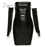 Ingvn - Faux PU Leather With Gloves Party Dress Women Backless Sexy Hot Clubwear Skinny Slim Solid Fashion Bodycon Mini Dresses
