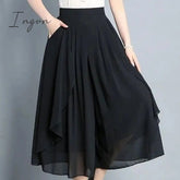 Ingvn - Elegant Fashion Elastic High Waist Folds Ruffles Pants Women's 2023 New Office Lady Commute Solid Color Irregular Casual Capris