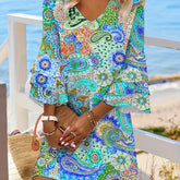 Bohemian Paisley Print Dress - Flowy Layered Skirt - Bell Sleeves - Perfect for Beach Holidays & Casual Summer Days, Womens Fashion