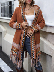 Vibrant Geo Pattern Tassel Hem Cardigan - Long Sleeve, Retro Ethic Style, Soft and Cozy, Perfect for Fall and Winter, Women's Fashion Clothing for Chic and Confident Ladies