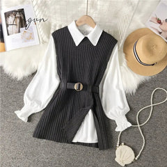 Ingvn - spring autumn women's lantern sleeve shirt knitted vest two piece sets of College style waistband vest two sets top UK900