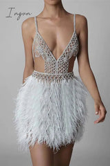 Ingvn - Sexy Party Hollowed Out Feathers V Neck Evening Dress Dresses