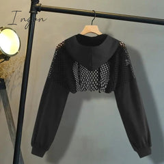 Ingvn - Black Hoodies for Women Hollow Out Crop Tops Mesh Patchwork Short Sweatshirt Long Sleeve Autumn Tops and Pullovers