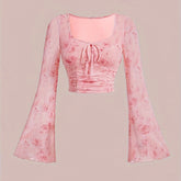 Trendy Tie Dye Print Ruched T-Shirt - Flattering Long Flare Sleeves, Casual Chic Top for Spring and Fall, Coquette Y2K Style Women's Clothing with Relaxed Fit and Soft Fabric