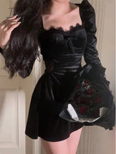 Ingvn - Autumn Slim Black Velvet Dress Casual Korean Fashion Elegant Midi Dress Woman Party Long Sleeve Vintage Lace Dress Design