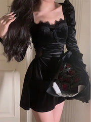 Ingvn - Autumn Slim Black Velvet Dress Casual Korean Fashion Elegant Midi Dress Woman Party Long Sleeve Vintage Lace Dress Design