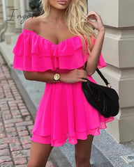 Ingvn - Elegant Off Shoulder Ruffle Fit Flare Dress Women Solid Casual Dress Summer Dress Mini Elegant Dress