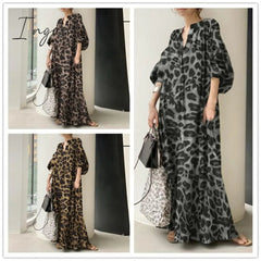 Ingvn - Fashion Printed Maxi Dress Women's Leopard Sundress Spring Puff Sleeve Long Vestidos Female V Neck Robe Oversize