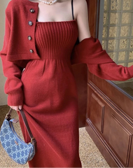 Elegant Red Knitting Dress Women Korean Fashion Office Lady Two Piece Dress Female Winter Warm Casual Christmas Party Dress