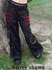 Ingvn - Fashion Trends Gothic Chain Bandage Wide leg Pants Women Oversize Low Rise Dark Academic Trousers Streetwear 90s Baggy Pant Punk Style