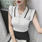 Ingvn - Womens Fashion Trends Summer Fashion Korean Slim Crop Tops Women Turn-down Collar Knitted T-shirts Sleeveless Ruffles T Shirt Female Tee Shirt Femme