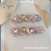 10Pcs Pink Cute Handmade Press on Nails Full Cover Bear Rhinestone Summer French Short False Nails Wearable Manicure Nail Tips