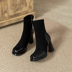 Chunky Heel Short Boots for Women Autumn Winter Splicing Waterproof Platform Skinny Boots Suede Temperament High-heeled Botines